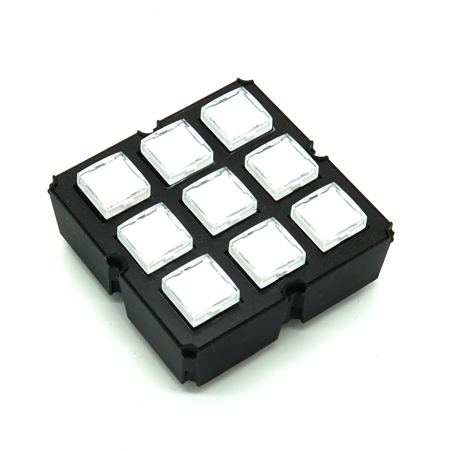 3×3 Keymatrix module with nine white keys, customizable labels, and green LED backlight on white background in isometric view – modular sim racing and flight sim button box control.