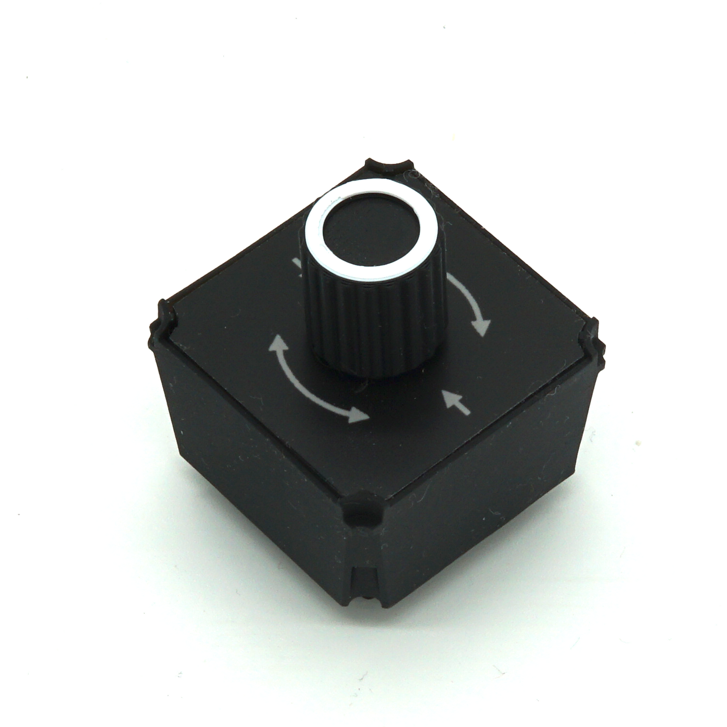 Single Encoder with Push module with detented rotary knob and button on white background in isometric view – sim racing and flight sim button box control.
