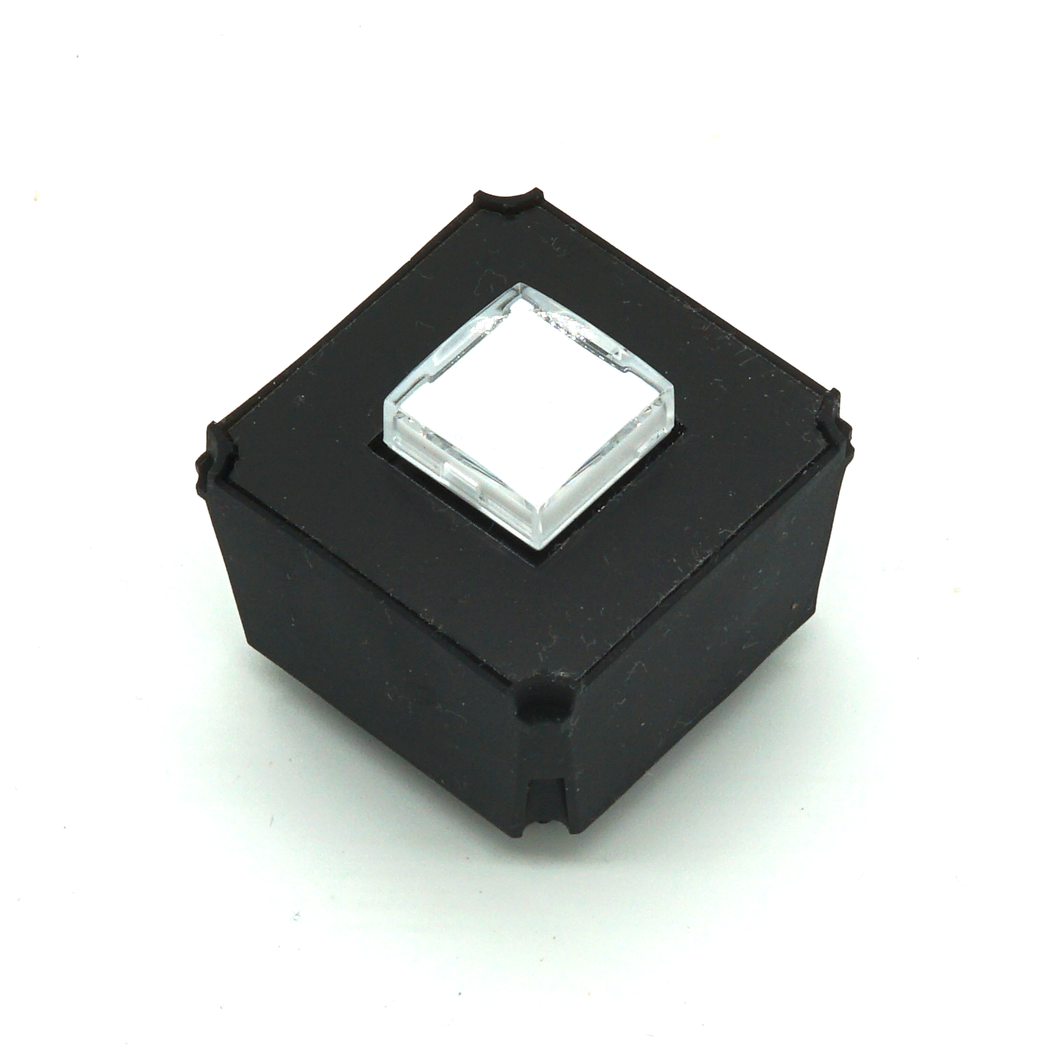 1 Key Module with white button, customizable label, and green LED backlight on white background in isometric view – modular sim racing and flight sim button box control.
