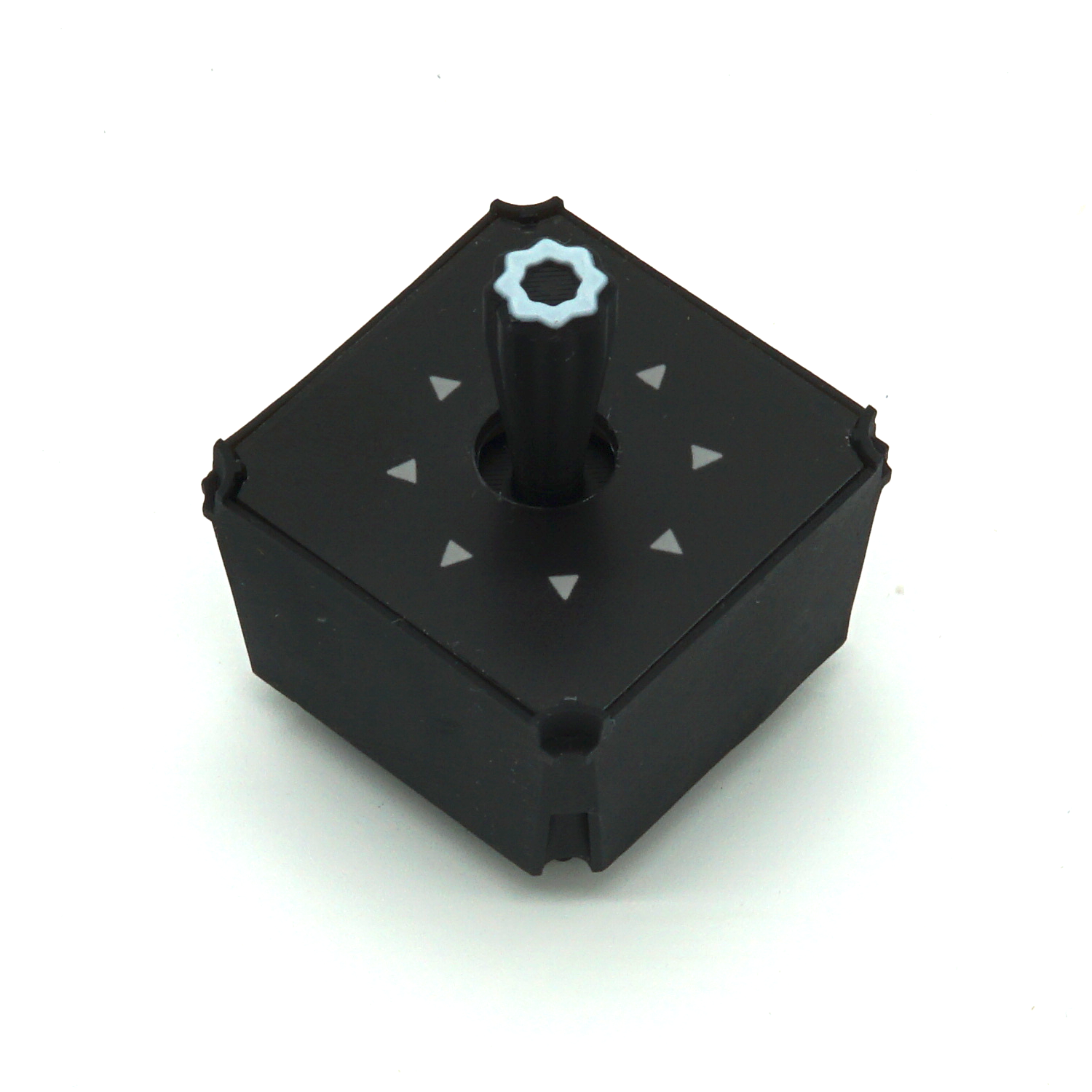 8-Way Stick with Push module on white background in isometric view – modular hat switch for sim racing and flight sim button box panels.
