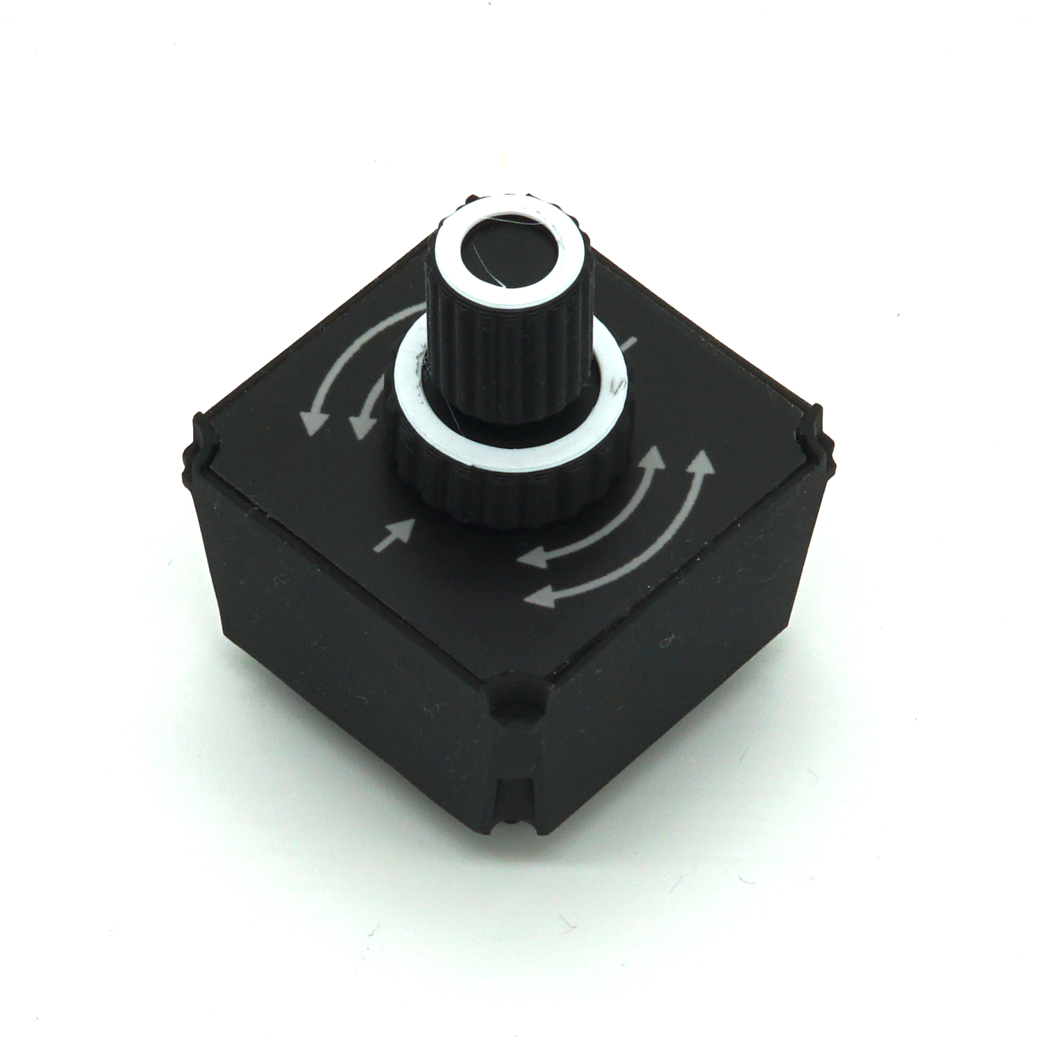 Dual Encoder with Push module featuring two stacked encoders and button on white background in isometric view – sim racing and flight sim button box control.