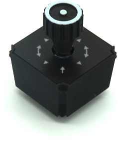 Funky Switch module with 4-way stick, push button, and encoder shown on white background in isometric view – sim racing and flight sim button box control.