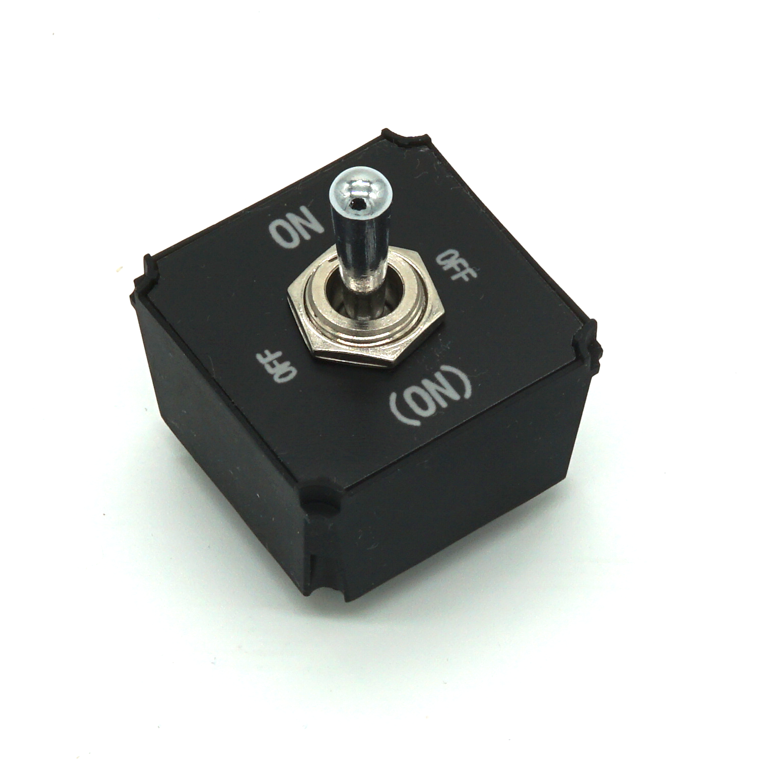 Large Toggle Switch module with heavy-duty lever on white background in isometric view – ON-OFF-(ON) variant for sim racing and flight sim button boxes.