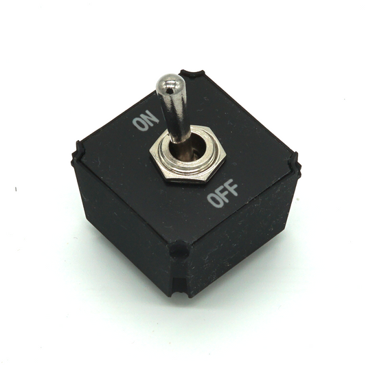 Large Toggle Switch module with heavy-duty lever on white background in isometric view – ON-OFF variant for sim racing and flight sim button boxes.
