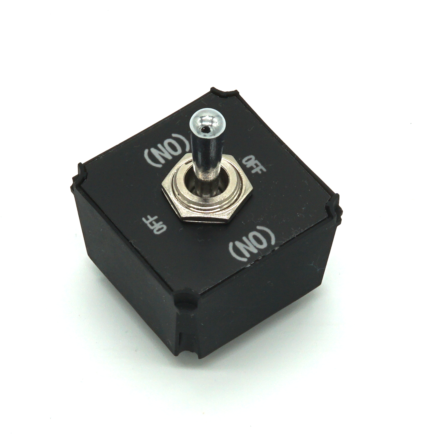 Large Toggle Switch module with heavy-duty lever on white background in isometric view – (ON)-OFF-(ON) variant for sim racing and flight sim button boxes.