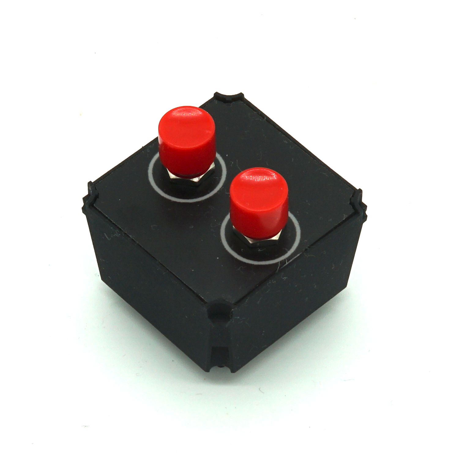 Pushbutton module with bright red tactile button on white background in isometric view – dual variant for sim racing and flight sim button boxes.