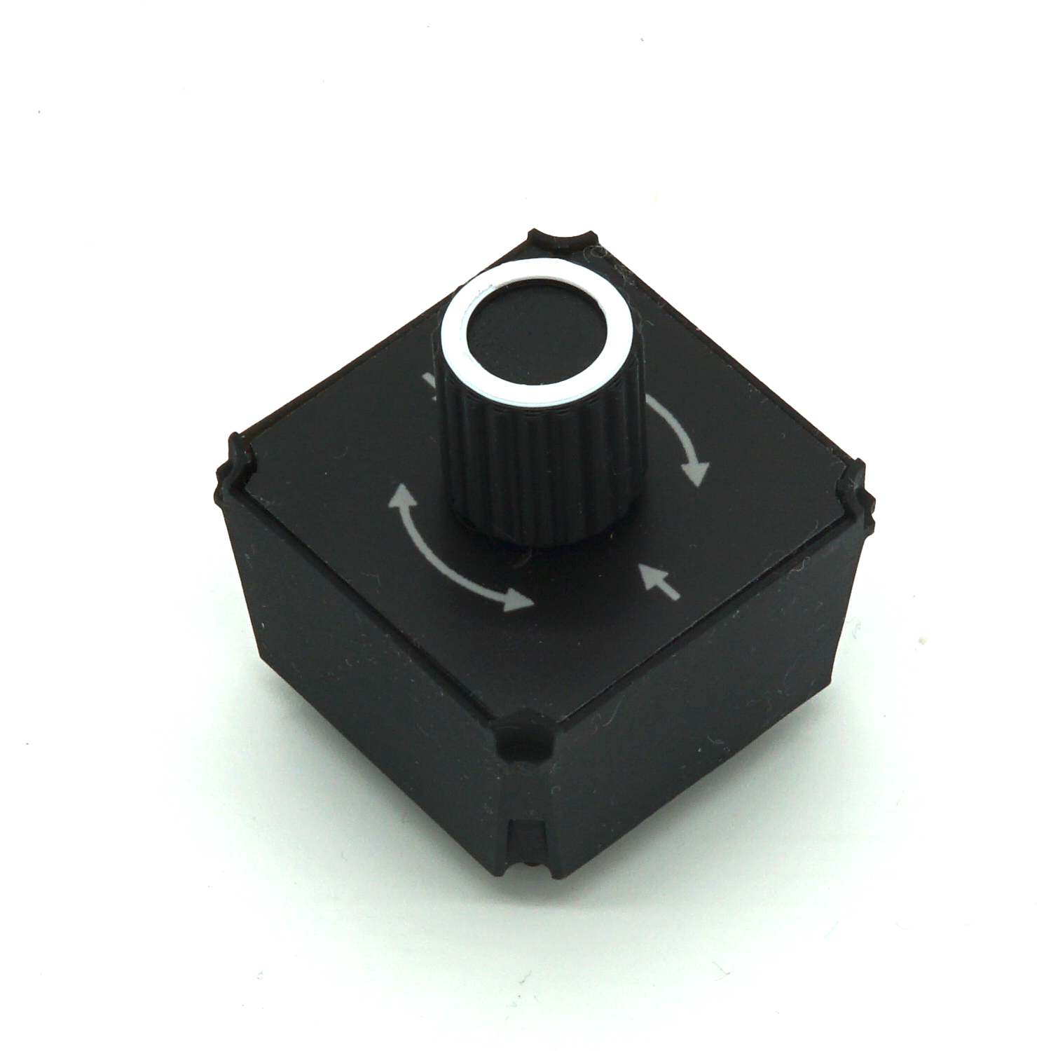Single Encoder with Push module with detented rotary knob and button on white background in isometric view – sim racing and flight sim button box control.