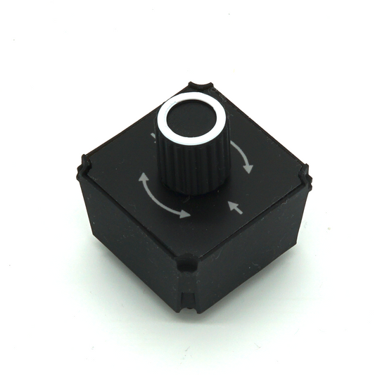 Single Encoder with Push module with detented rotary knob and button on white background in isometric view – sim racing and flight sim button box control.