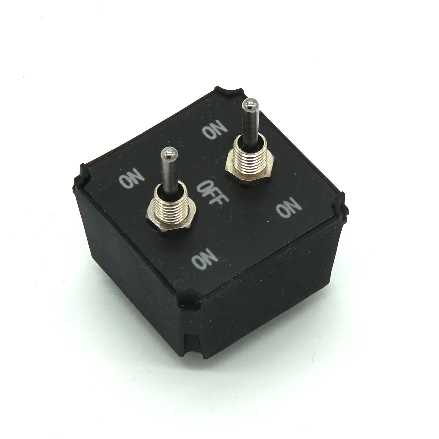 Small Dual Toggle Switches module with two compact toggles on white background in isometric view – ON-OFF-ON varian for sim racing and flight sim button boxes.
