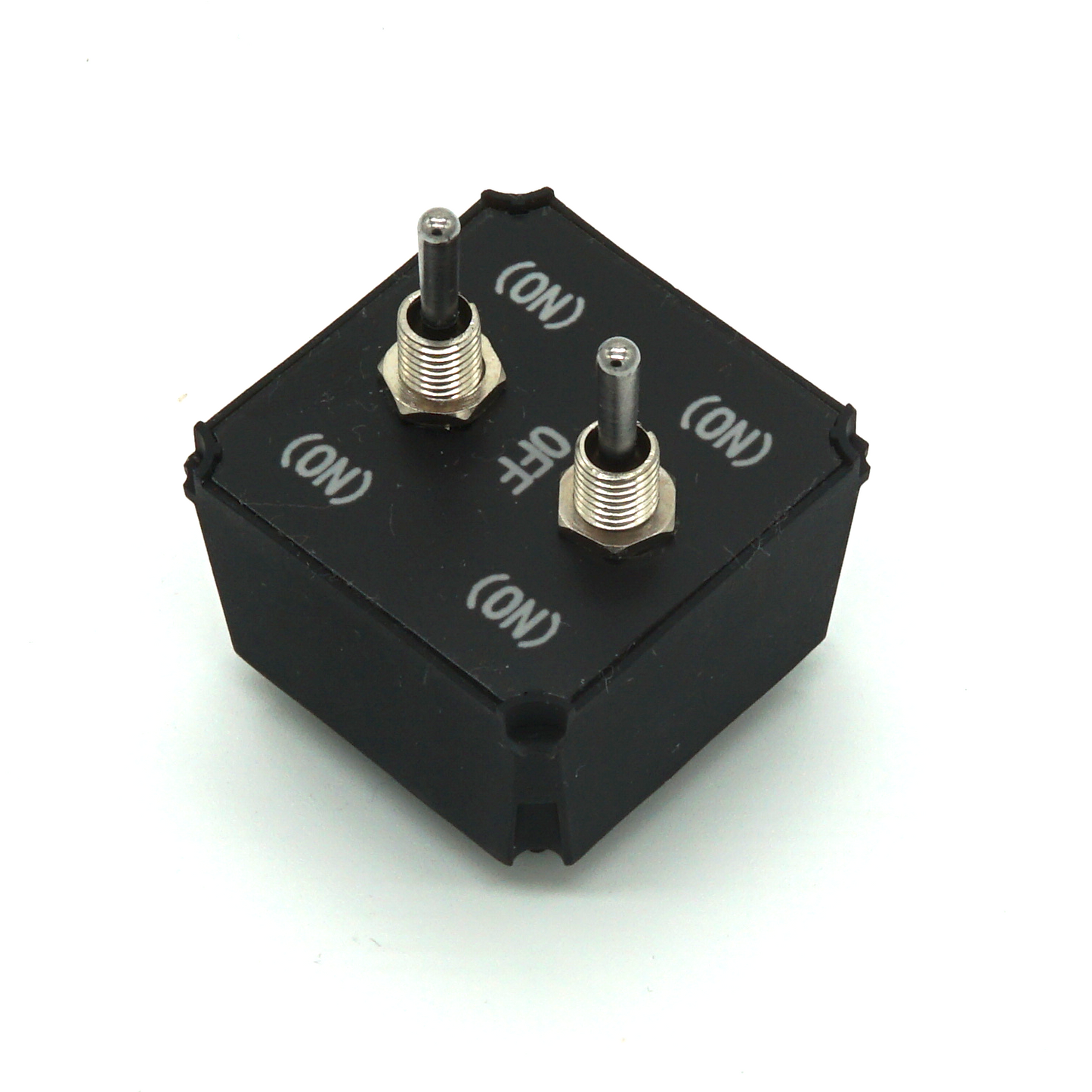 Small Dual Toggle Switches module with two compact toggles on white background in isometric view – (ON)-OFF-(ON) variant for sim racing and flight sim button boxes.
