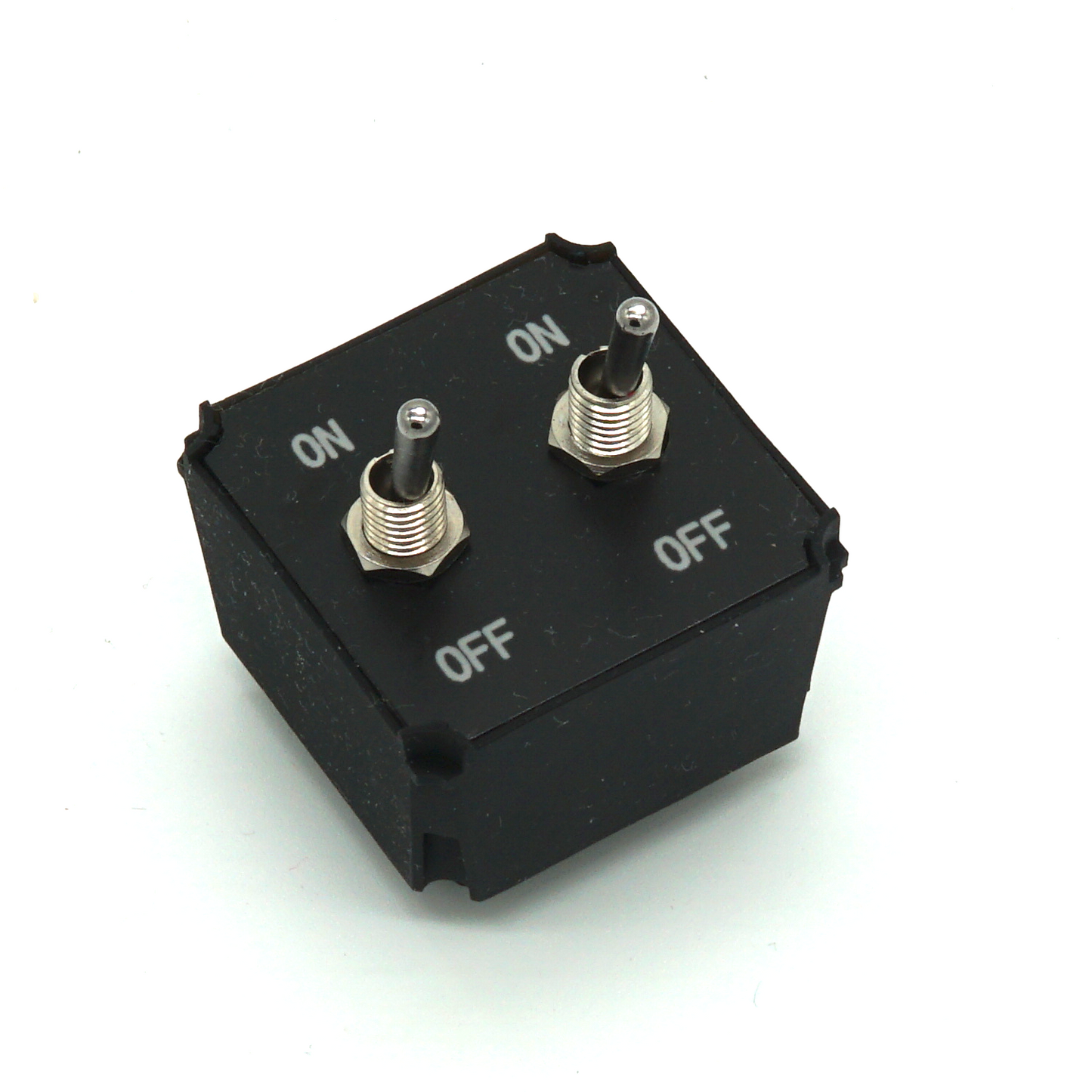 Small Dual Toggle Switches module with two compact toggles on white background in isometric view – ON-OFF variant for sim racing and flight sim button boxes.