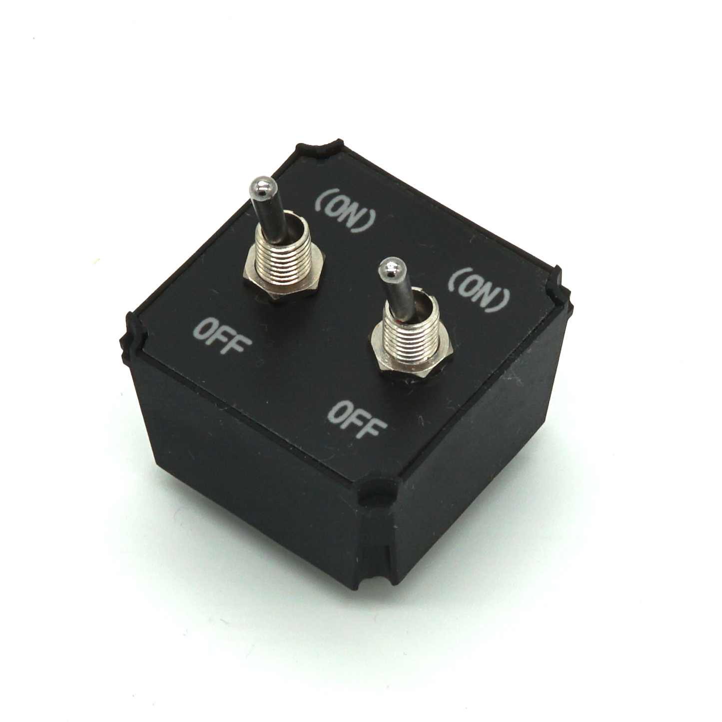 Small Dual Toggle Switches module with two compact toggles on white background in isometric view – (ON)-OFF variant for sim racing and flight sim button boxes.