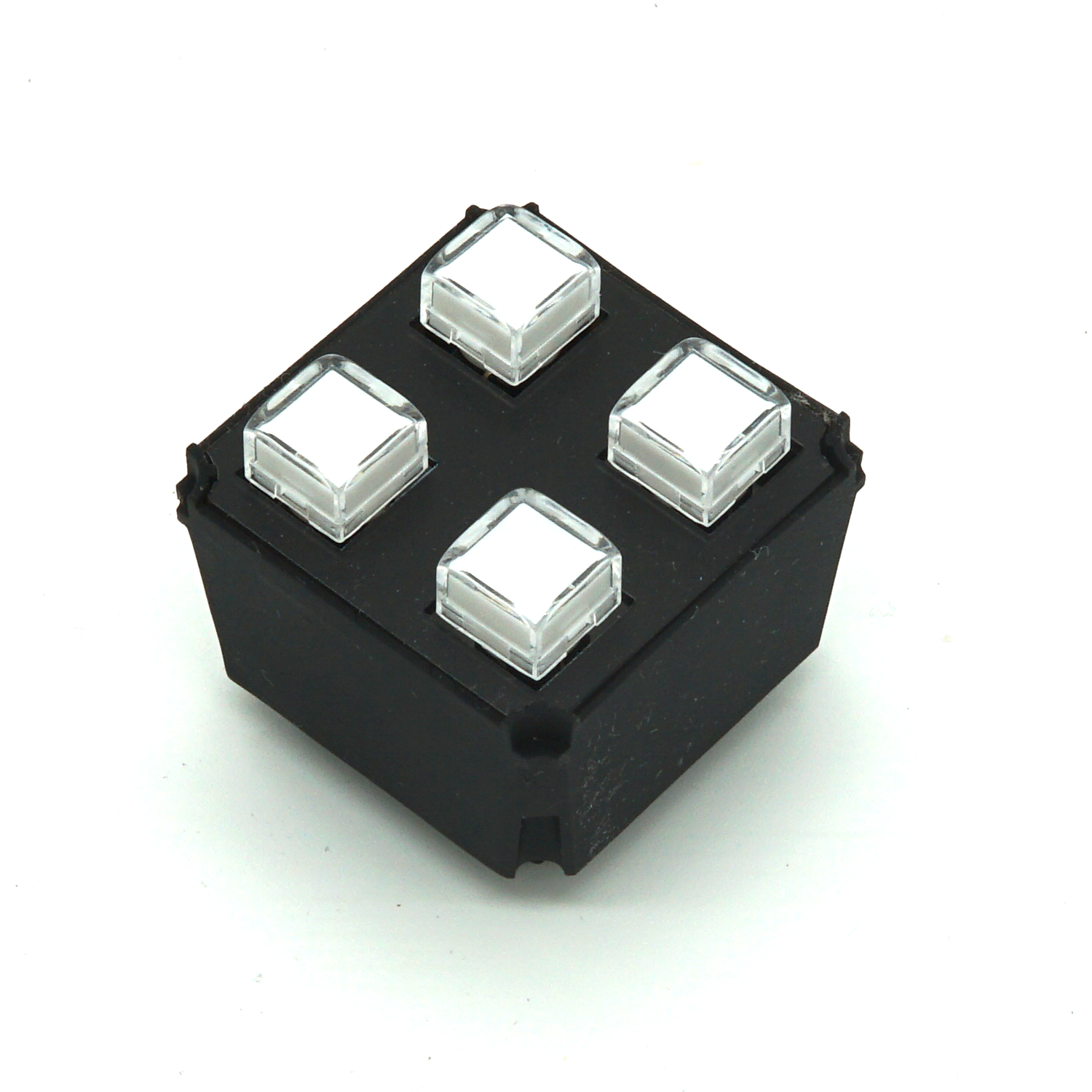Small Keys Module with 4 compact white keys, customizable labels, and green LED backlight on white background in isometric view – modular sim racing and flight sim button box control.