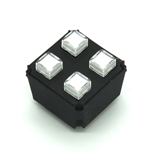 Small Keys Module with 4 compact white keys, customizable labels, and green LED backlight on white background in isometric view – modular sim racing and flight sim button box control.